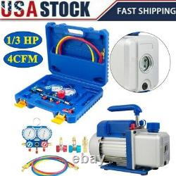 1/3 HP 4CFM Single Stage Air Vacuum Pump&R134a AC Manifold Gauge Kit US