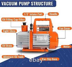 110V 1/3 HP 4CFM Single Rotary Vane Air Vacuum Pump and R134a AC Manifold Gauge