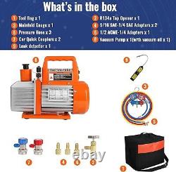 110V 1/3 HP 4CFM Single Rotary Vane Air Vacuum Pump and R134a AC Manifold Gauge