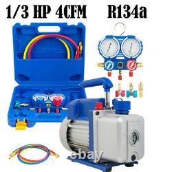 110V 1/3 HP 4CFM Single Stage Air Vacuum Pump and R134a AC Manifold Gauge Kit US
