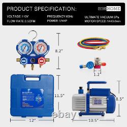 110V 1/4 HP 3.5 CFM Single Stage Rotary Vane Air Vacuum Pump and R134A AC Manifo