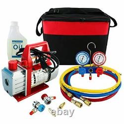 3CFM 1/4HP Rotary Vane Air Vacuum Pump HVAC A/C Refrigeration Kit AC Gauge Set