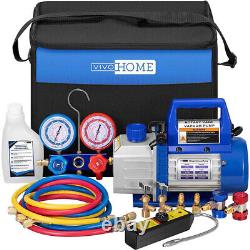 4CFM 1/3HP Air Vacuum Pump And AC Manifold Gauge Set With Leak Detector Carry Bag