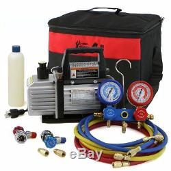 4CFM Air Vacuum Pump A/C Refrigeration Kit AC Manifold Gauge Set + Leak Detector