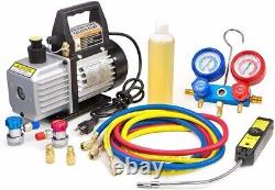 4CFM Air Vacuum Pump HVAC A/C Refrigeration Kit Manifold Gauge + Leak Detector