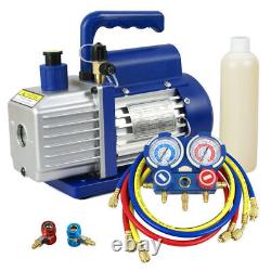 A/C Manifold Gauge Kit R134A 4FT Hose & 3.5CFM 1/4HP HVAC Air Vacuum Pump Combo