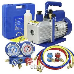 A/C Manifold Gauge Kit R134A 4FT Hose & 3.5CFM 1/4HP HVAC Air Vacuum Pump Combo