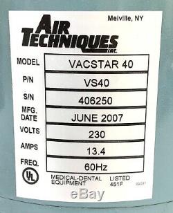 Air Techniques VacStar 40 Dental Vacuum Pump With Hydromiser MFG Date 2007