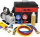Air Vacuum Pump Hvac Refrigeration Kit Ac Manifold Gauge Oil With Carrying Tote
