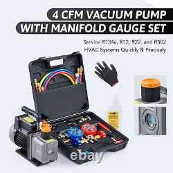 OMT 4CFM 1/3HP Air AC Conditioner Vacuum Pump & Manifold Gauge Set with Case US