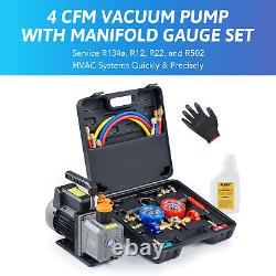 OMT Combo 1/3HP 4CFM HVAC Auto AC Air Vacuum Pump with Manifold Gauge Set R134a