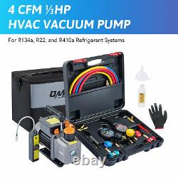 OMT HVAC 1/3 HP 4 CFM Air Vacuum Pump & Manifold Gauge Set w Leak Detector Bag