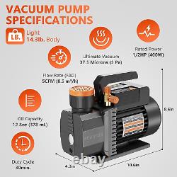 Vacuum Pump, 1-Stage HVAC Vacuum Pump, 1/2HP 38 Micron 110V Air Conditioning Vac